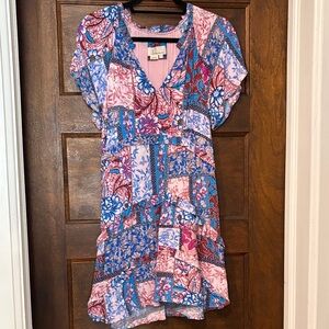 Anthropologie Patchwork Floral V-Neck Short Sleeve Dress - Pink & Blue
